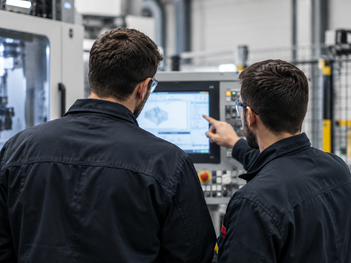 Techniciens devant un pupitre de commande industriel